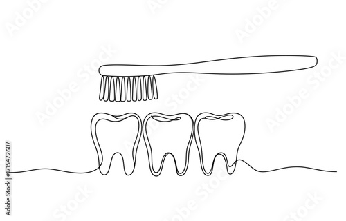 Clean teeth and toothbrush line art dental hygiene concept minimalist style vector