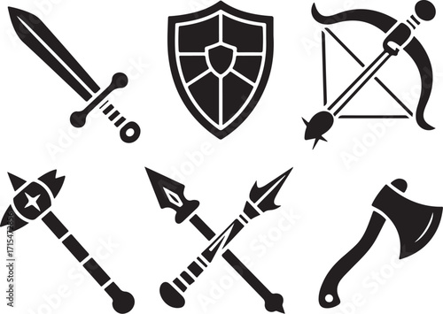 Medieval weapons icons sword shield axe bow spear mace