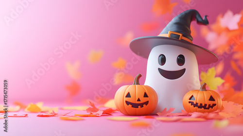 Happy Halloween party invitation surrounded by pumpkins, ghosts, and graves,