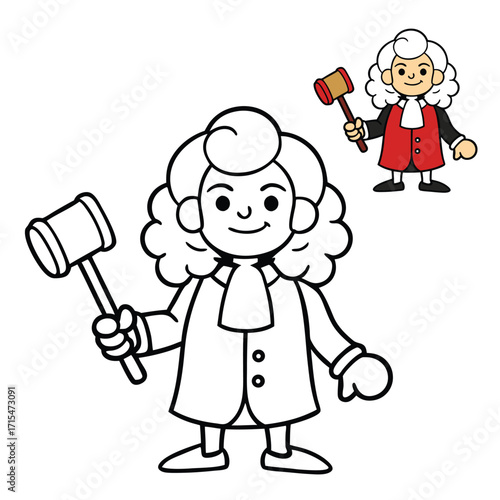 A fun judge-with-a-hammer coloring page featuring a wise judge holding a gavel, symbolizing justice and fairness, perfect for kids to learn about law and courts.

