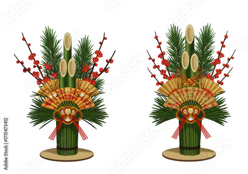 Two ornate japanese kadomatsu new year s decorations with bamboo pine and plum blossoms isolated on transparent background