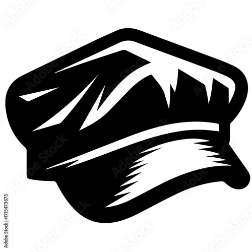Illustration of a black and white peaked cap with a unique design and clear outlined shape shown clearly
