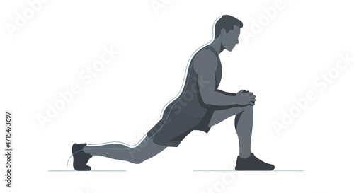 Dynamic stretching exercise illustration showcasing a male figure in a lunge position, ideal for fitness guides, workout routines, and health and wellness content.