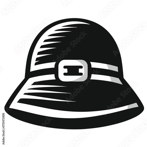 Illustration of a black pith helmet with a white band and buckle on a white background isolated