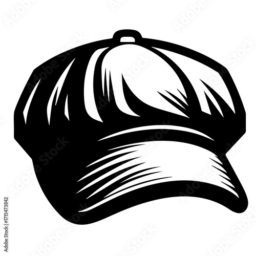 Illustration of a newsboy cap with a rounded crown and short brim in black and white color scheme style