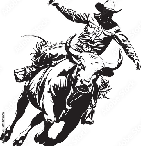 Cowboy's Bull Ride: A dynamic black-and-white illustration captures the intensity of a cowboy's thrilling bull ride, embodying the raw energy and spirit of rodeo culture. 