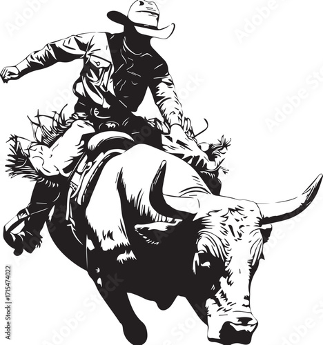 Rodeo Cowboy: A cowboy, clad in traditional attire, battles a bucking bull in a thrilling rodeo scene, showcasing strength, skill, and the raw energy of the American West.