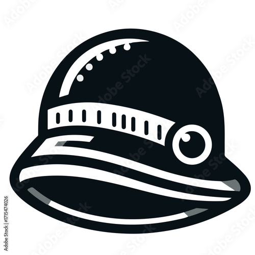 Illustration of a black pith helmet with a white band and button detail on a white background