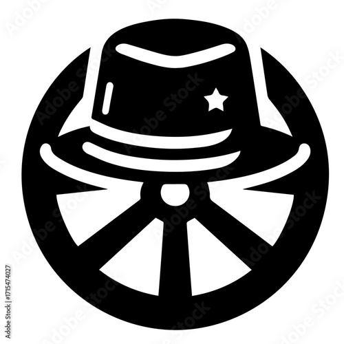 Illustration of a black pilgrim hat with a star inside a black circle with wheel spokes design