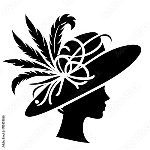 Silhouette of a woman wearing a large hat adorned with feathers and decorative swirls in black and white