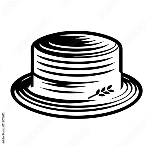 Illustration of a black and white boater hat with a wheat sprig detail and striped texture design element