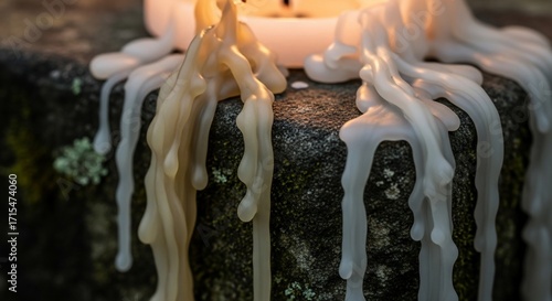 Melted Candle Drips on Dark Stone Surface Close-up