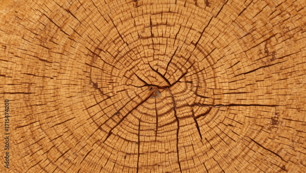 Fototapeta premium A detailed close-up view of a natural tree trunk's cross-section, showcasing the intricate wood grain patterns and growth rings.
