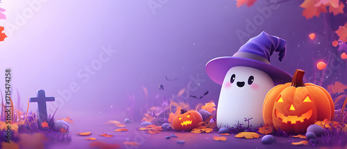 Happy Halloween party invitation surrounded by pumpkins, ghosts, and graves,