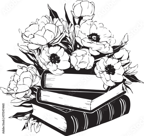 Literary Bouquet: A black and white illustration showcases a delightful arrangement of books intertwined with blooming flowers, symbolizing the beauty of knowledge and growth.