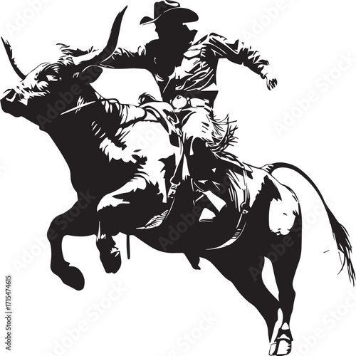 Rodeo Champion in Action: A dynamic monochrome illustration captures the raw power and adrenaline of a rodeo, showcasing a cowboy's skill as he battles a raging bull.
