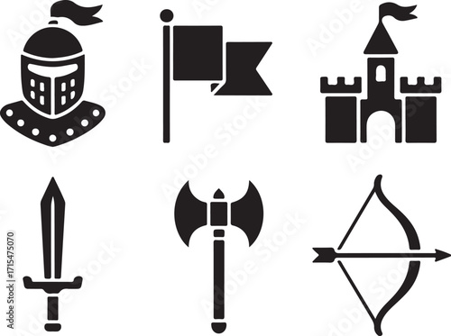 Medieval knight icons castle sword axe bow flag emblems
