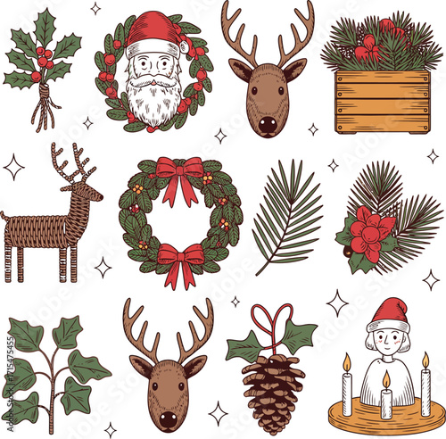Red Christmas Silhouette Icons Set, A set of red Christmas-themed silhouette icons on a white background. The collection includes festive designs such as Christmas trees, a gingerbread man, reindeer