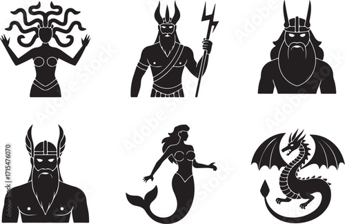 Mythical creatures and gods silhouettes for design