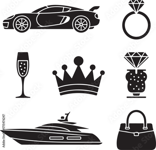 Luxury lifestyle symbols: car, yacht, crown, diamonds, champagne