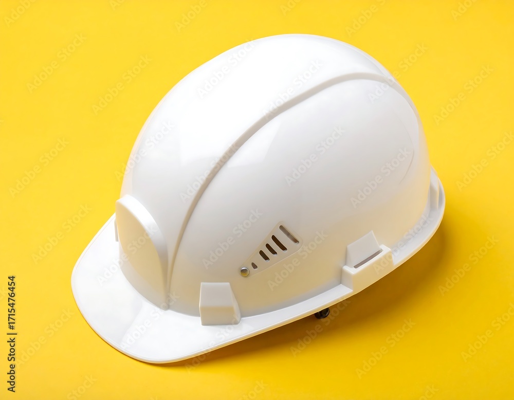 Fototapeta premium A pristine white safety helmet rests on a vibrant yellow background, showcasing its sturdy construction and protective design.