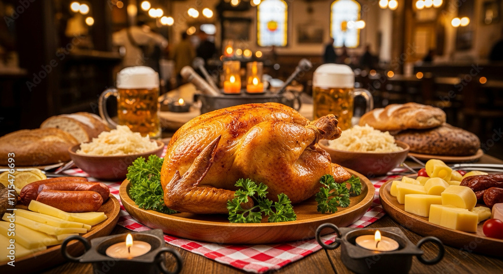 Naklejka premium A festive dinner table with roasted chicken, bread, cheese, sausages, and beer.