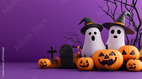 Happy Halloween party invitation surrounded by pumpkins, ghosts, and graves,