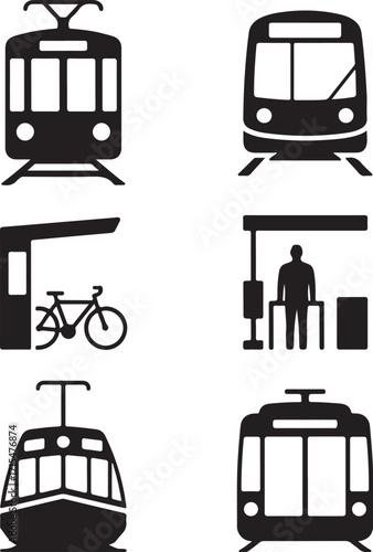 Modern transit icons depict trains, stations, and bikes