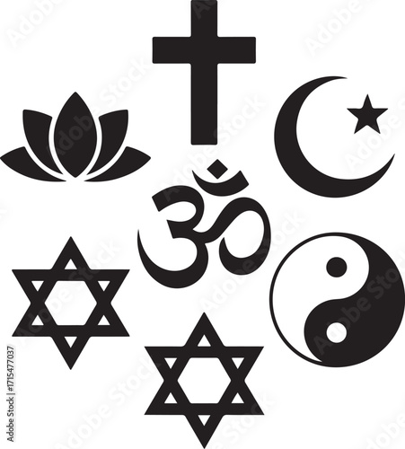 Diverse faith symbols unite world cultures peacefully