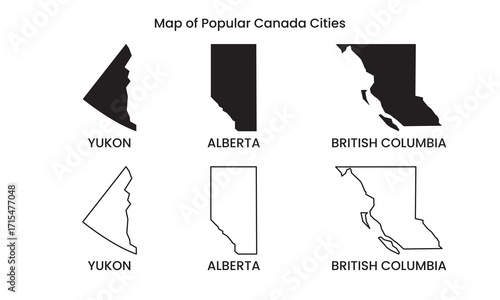 Canada Map Vector, Provinces and Territories Silhouette and Outline Illustration Set