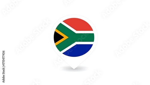 A white background displays a location marker with the South African flag, vibrant and symbolic.