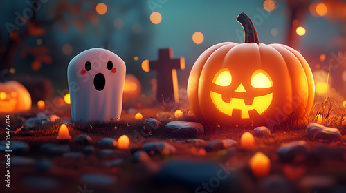 Happy Halloween. Simple background surrounded by pumpkins, ghosts, leaves, trees and graves.