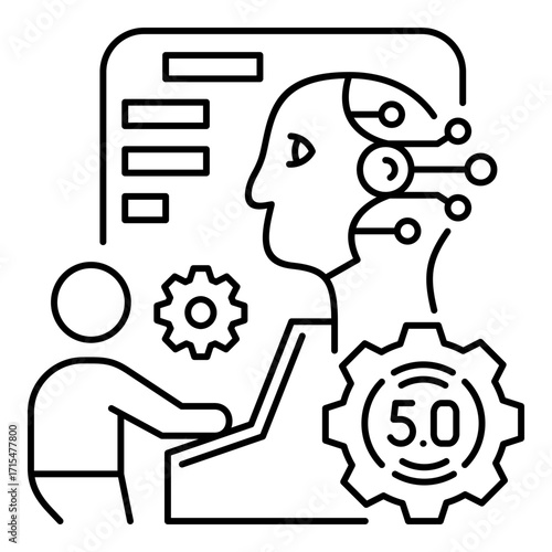 AI and Industry 5.0 Development. Symbolizing the Synergy of Human and Artificial Intelligence, Modern Technology, and the Next Generation of Industrial Automation.