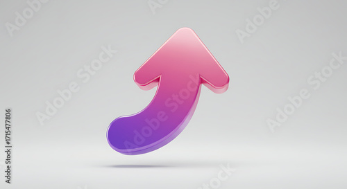 A 3d rendered upward pointing arrow with a gradient color from pink to purple, isolated on a light gray background, symbolizing growth, progress, and success in a business or financial context