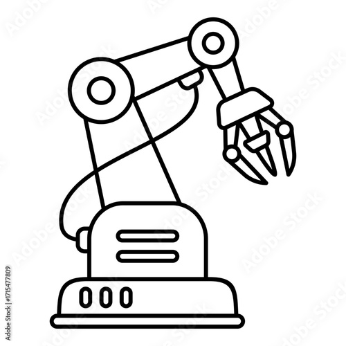 A Detailed Line Drawing of a Modern Robotic Arm with a Gripper, Ideal for Representing Manufacturing Automation, Advanced Robotics, and Industrial Technology for Assembly, and Factory Operations.