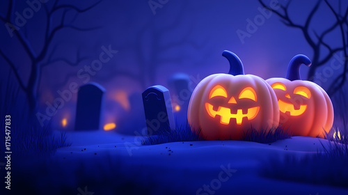 Happy Halloween. Simple background surrounded by pumpkins, ghosts, leaves, trees and graves.