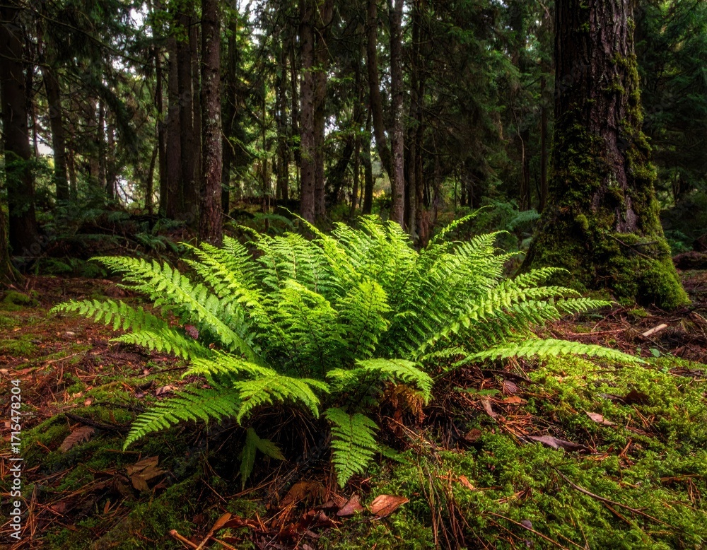 Fototapeta premium A vibrant fern thrives amidst the shaded forest floor, bathed in dappled sunlight.