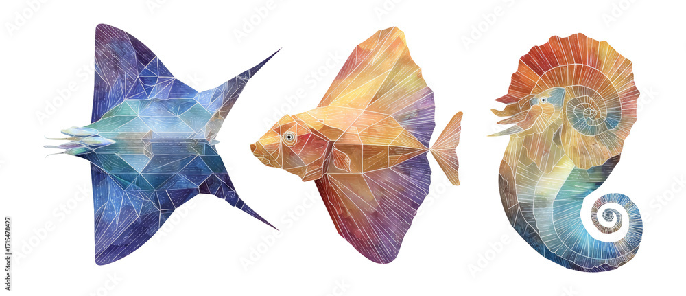 Fototapeta premium Colorful Geometric Fish and Seahorse in Abstract Art Style on Transparent Background