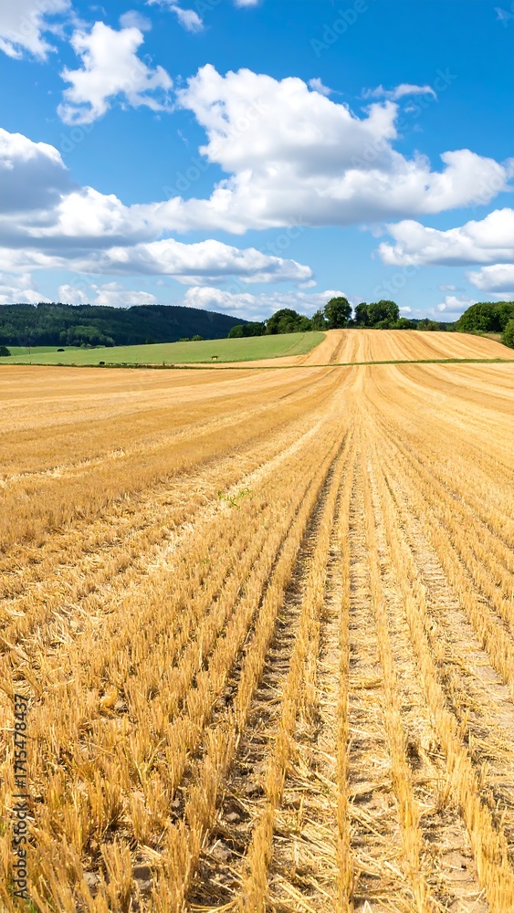 Fototapeta premium Golden field under a vibrant blue sky