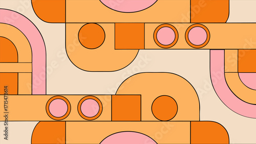 Groovy 70s Seamless Pattern with Abstract Geometric Pipes and Curves