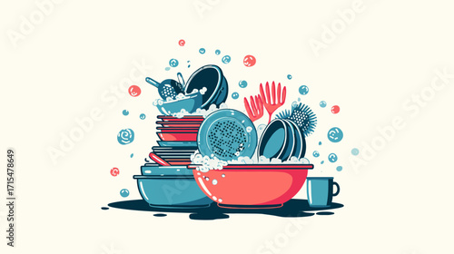 A pile of dirty dishes in a soapy basin.