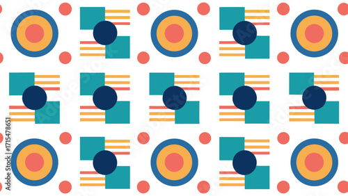 Retro Bauhaus Geometric Pattern with Colorful Circles and Striped Squares