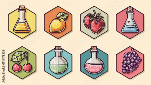 Bottles of colorful liquids and fruits.