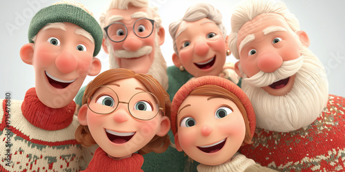 3D Figuren einer Familie die sich zu Weihnachten verkleidet hat. Selfie, Weihnachten Weihnachtsgrüße