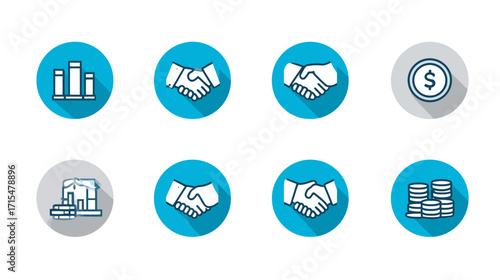 Business icons showing deals, growth, and finance.