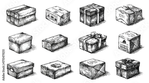 Collection of hand drawn gift boxes and packages.
