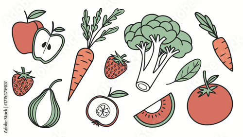 Colorful hand drawn assortment of fruits and vegetables