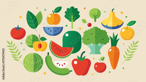 Vibrant assortment of fresh fruits and vegetables illustration