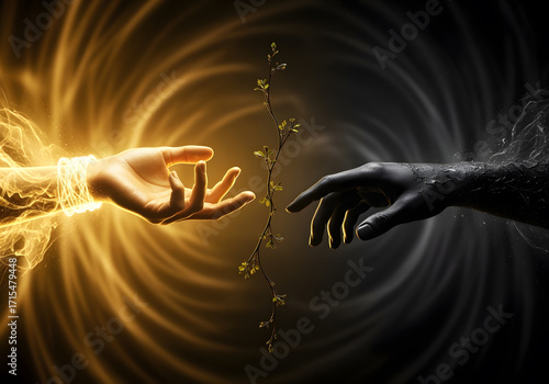Two Hands Reaching, Gold and Black, Plant Branch