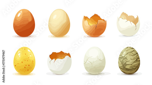 Collection of various eggs whole broken cracked.
